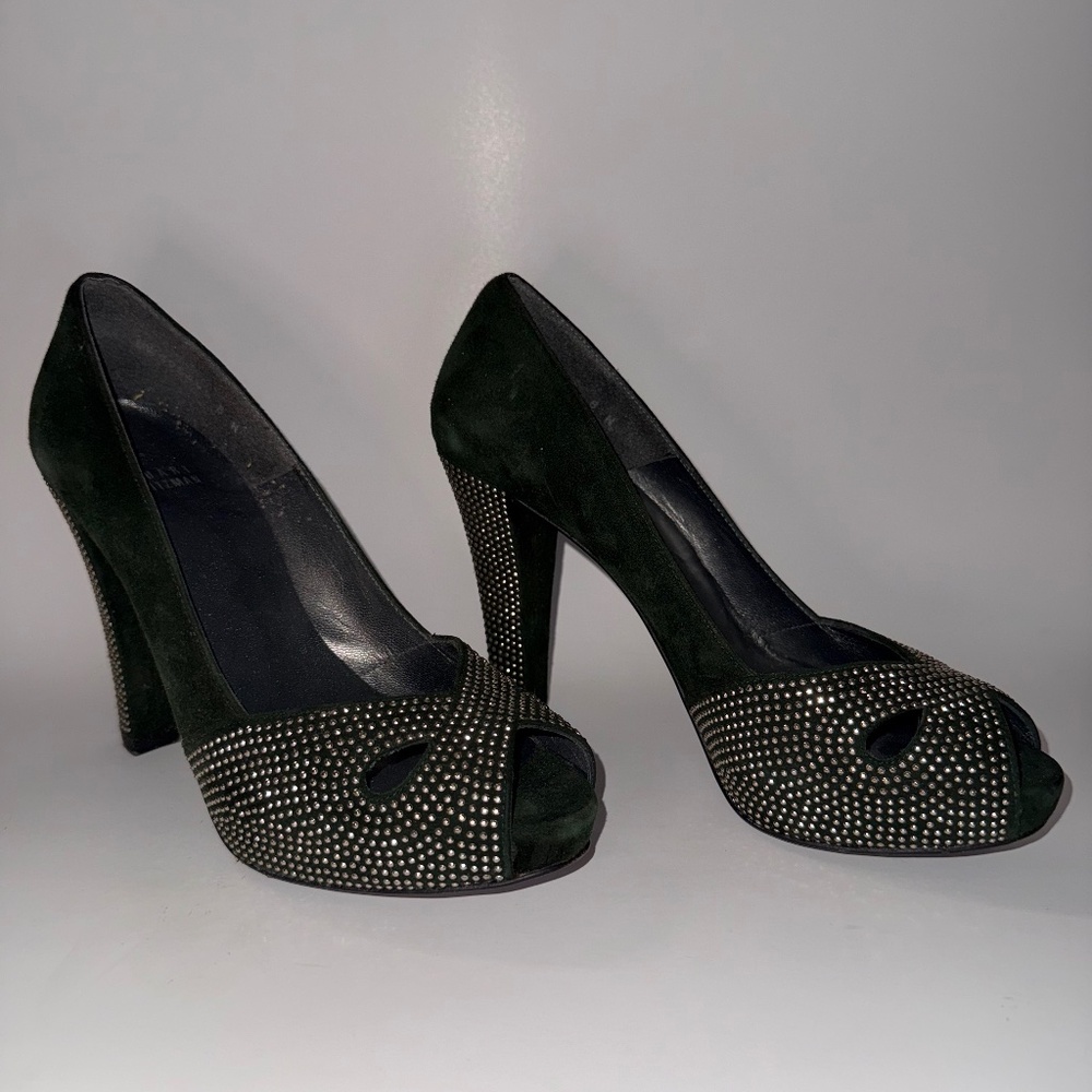 Stuart Weitzman Dark Green Studded Cut Out Peep Toe Platform Pumps